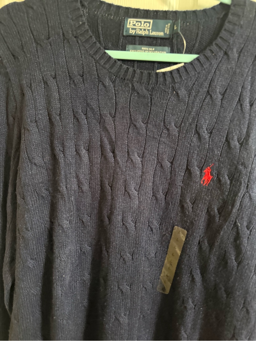 Ralph Lauren Navy Cable Crewneck Sweater with Red Pony